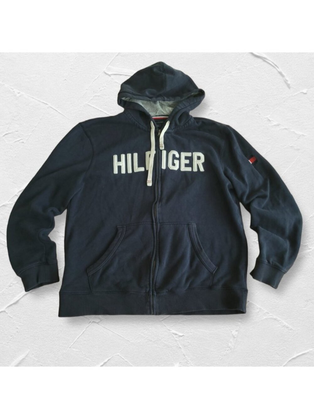 Tommy Hilfiger Navy Blue Logo Embroidered Hooded Zip Up (XL)